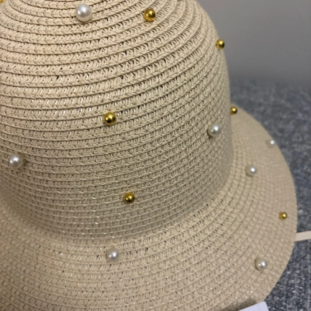 Liz Claiborne Cream Hat with Pearl and Gold Accents